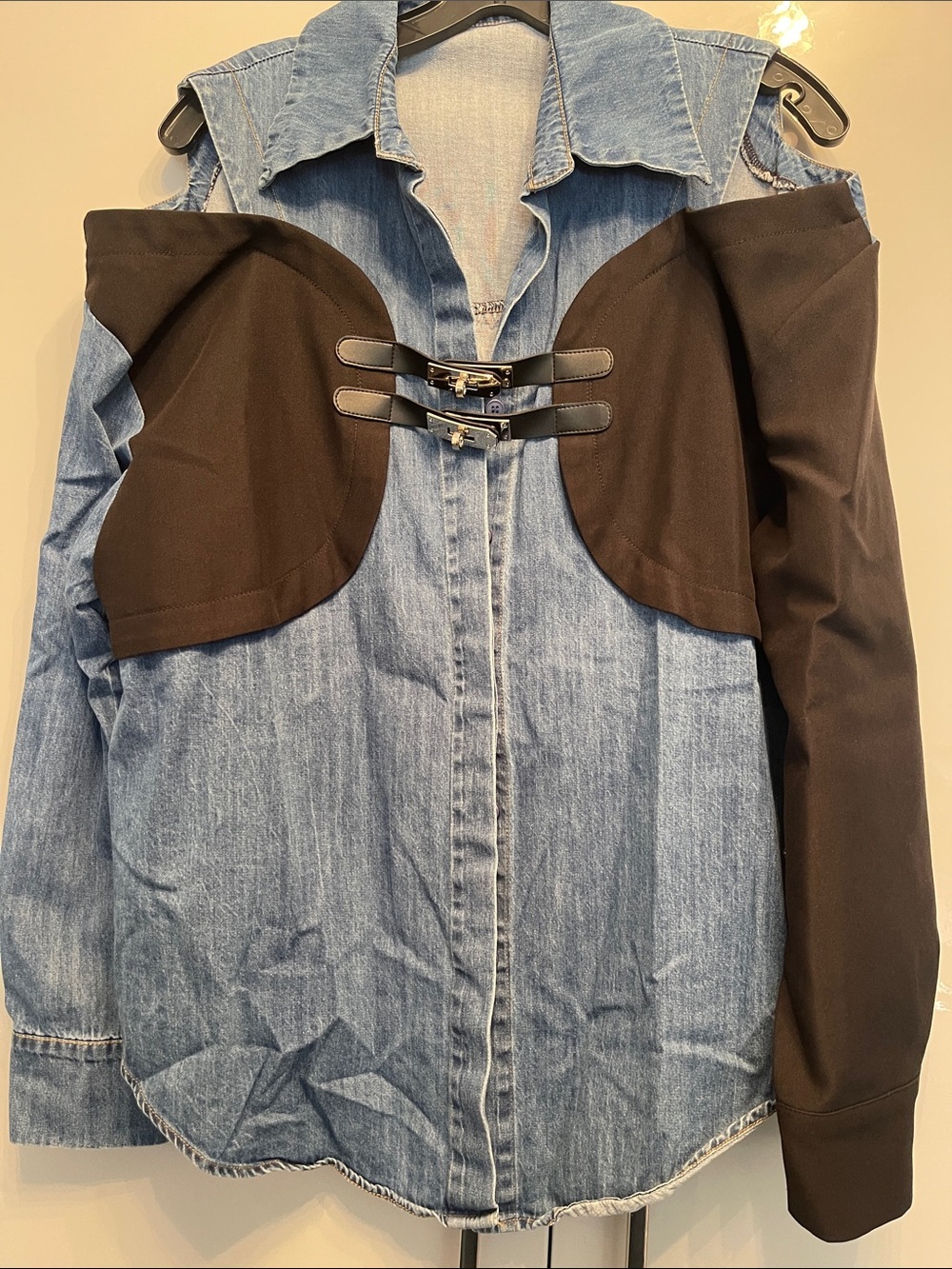 Denim Shirt with Black Off-Shoulder Bodice Detail